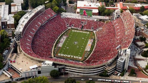 Aerial photos of Sanford Stadium during the Georgia vs Tennessee football game, Sept. 29, 2018. (UGA Sports Communications.)