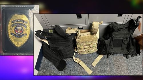 A police badge and tactical gear found at a property associated with Luis Soto, who was accused of impersonating an officer during an armed home invasion and robbery in Lawrenceville, according to Gwinnett County police. A second suspect, Yenson Adrian Cedeno Acevedo, was arrested Friday.