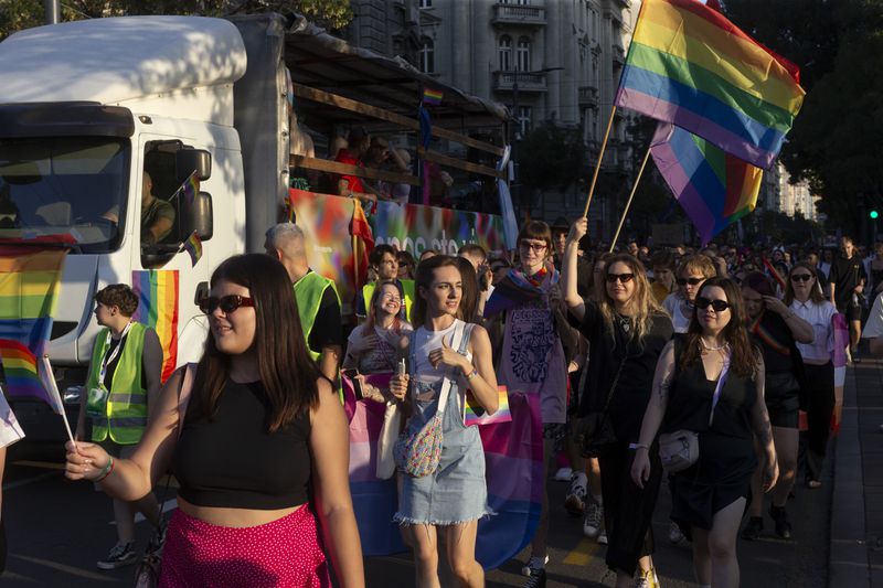 People carry rainbow flags as they attend a pride march in Belgrade, Serbia, Saturday, Sept. 7, 2024 as they demand that the government improve rights for the LGBTQ+ community who often face harassment and discrimination in the highly conservative Balkan country. (AP Photo/Marko Drobnjakovic)