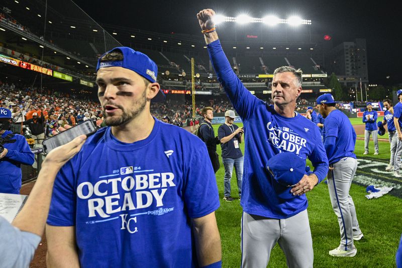 Kansas City Royals manager Matt Quatraro gestures after his team defeated the Baltimore Orioles 2-1 in Game 2 of an AL Wild Card Series baseball game, Wednesday, Oct. 2, 2024 in Baltimore. (AP Photo/Nick Wass)