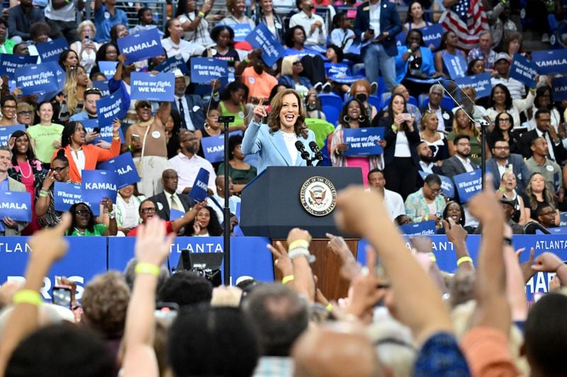 Vice President Kamala Harris addresses supporters at a rally in Atlanta on Tuesday.