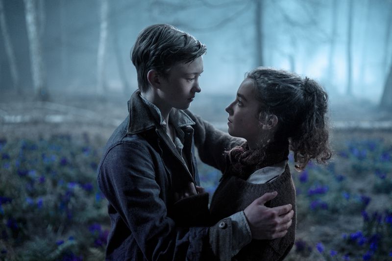 This image released by Lionsgate shows Orlando Schwerdt, left, and Ariella Glaser in a scene from "White Bird." (Larry Horricks/Lionsgate via AP)