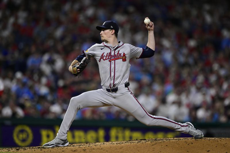 Atlanta Braves' Max Fried throws during the third inning of a baseball game against the Philadelphia Phillies, Saturday, Aug. 31, 2024, in Philadelphia. (AP Photo/Derik Hamilton)