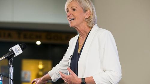 Nell Fortner, the new head coach for the Georgia Tech  women's basketball team, speaks.  (ALYSSA POINTER/ALYSSA.POINTER@AJC.COM)