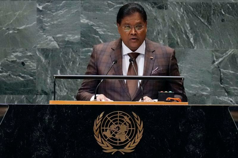 Suriname President Chandrikapersad Santokhi addresses the 79th session of the United Nations General Assembly, Wednesday, Sept. 25, 2024. (AP Photo/Richard Drew)