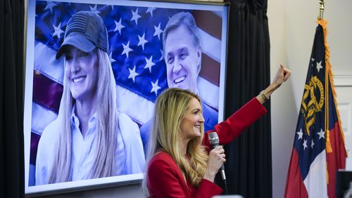 Sen. Kelly Loeffler (R-Ga.) speaks at a rally to unite Georgia conservatives behind Loeffler and Sen. David Perdue (R-Ga.) in Marietta, Ga., Wednesday, Nov. 11, 2020. The only way for Republicans to retain their Senate majority is if at least one incumbent prevails. (Nicole Craine/The New York Times)