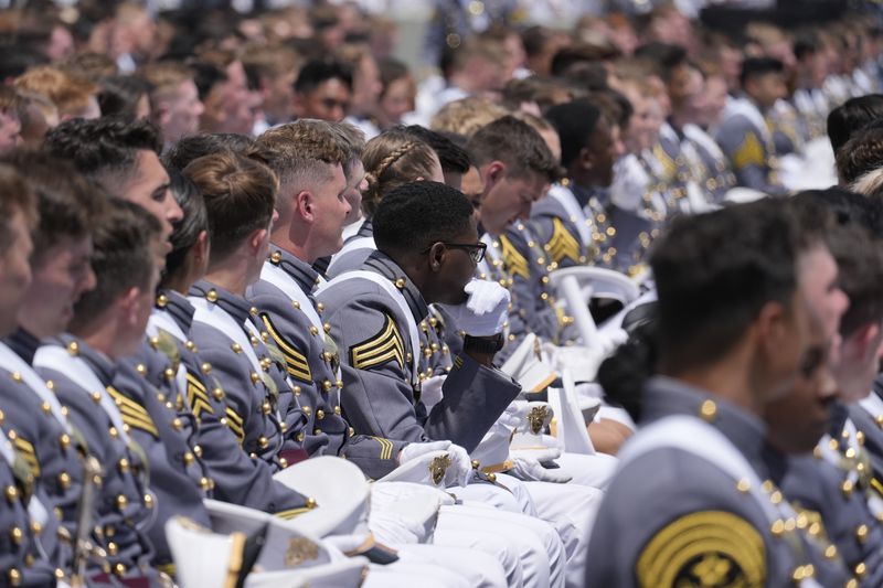Graduating cadets listen while seated at the U.S. Military Academy commencement ceremony, Saturday, May 25, 2024, in West Point, N.Y. (AP Photo/Alex Brandon)