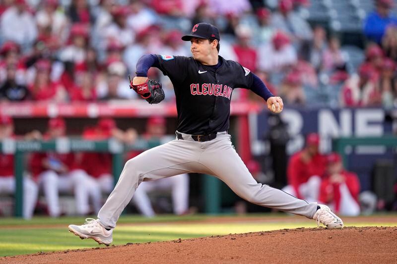 Cleveland Guardians starting pitcher Logan Allen throws to the plate during the first inning of a baseball game against the Los Angeles Angels Friday, May 24, 2024, in Anaheim, Calif. (AP Photo/Mark J. Terrill)