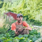 Chris Smith, founder of the Utopian Seed Project, crouches amid a row of okra plants at his farm in Leicester, North Carolina. (Grace Dickinson for The Atlanta Journal-Constitution)