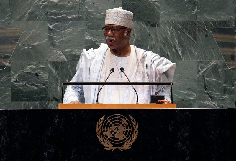 Philemon Yang, President of the General Assembly, addresses the 79th session of the United Nations General Assembly, Tuesday, Sept. 24, 2024. (AP Photo/Richard Drew)