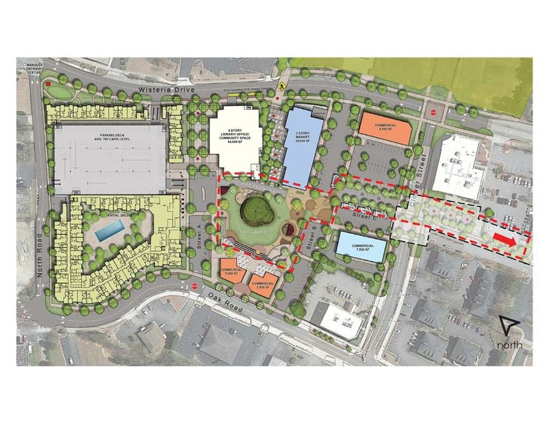 The Grove at Towne Center will hold a city market, library, greenway, parking deck, apartments and room for retail, office, restaurant and entertainment space. (Courtesy City of Snellville)