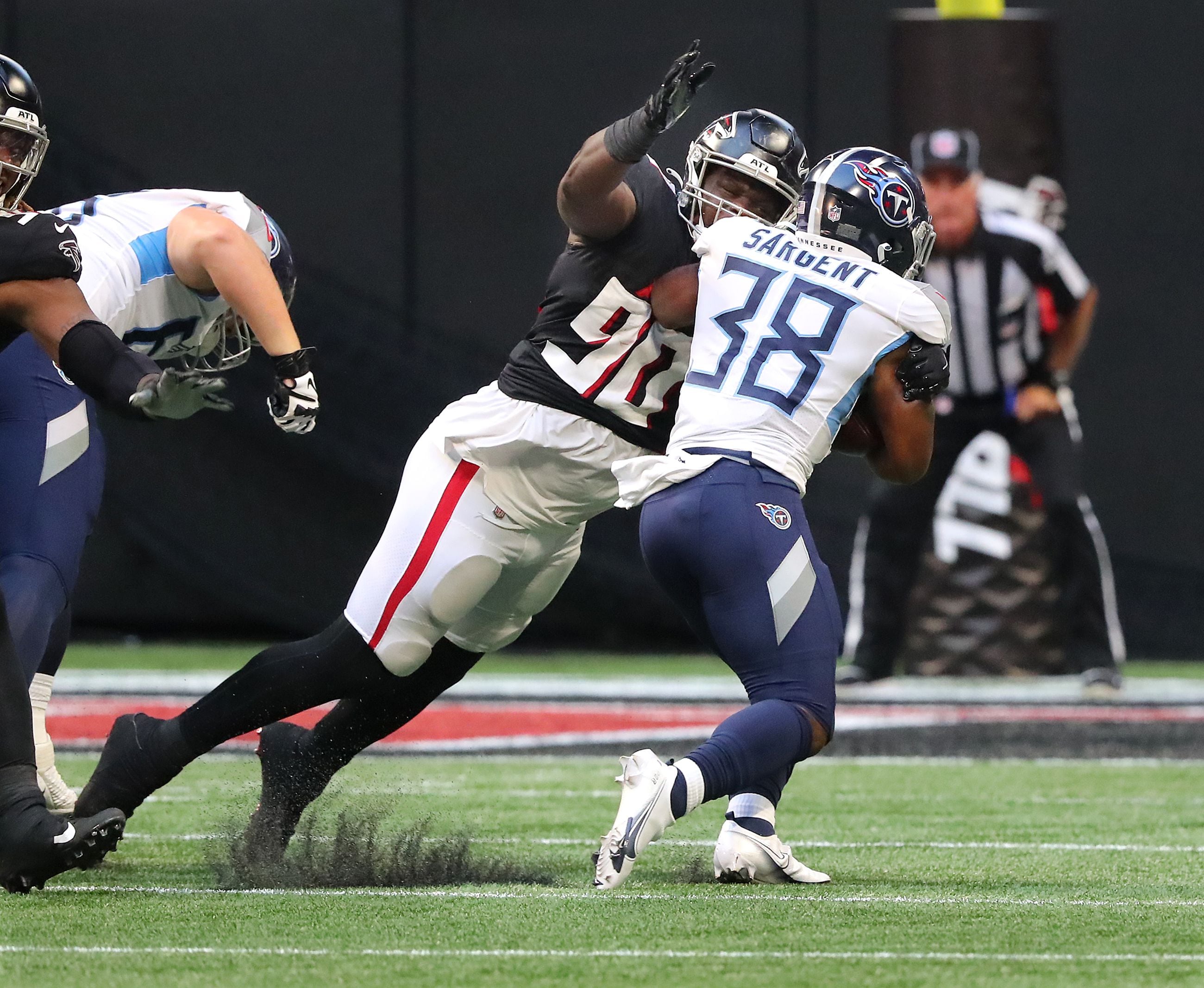 Tennessee Titans tight end Miller Forristall (42) lines up during the  second half of a preseason NFL football game against the Atlanta Falcons,  Friday, Aug. 13, 2021, in Atlanta. The Tennessee Titans