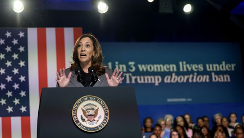 Democratic presidential nominee, U.S. Vice President Kamala Harris, speaks during an event at the Cobb Energy Performing Arts Centre on Sept. 20, 2024, in Atlanta. Harris spoke about abortion and reproductive rights in Georgia as she continues to campaign against Republican presidential nominee, former U.S. President Donald Trump. (Joe Raedle/Getty Images/TNS)