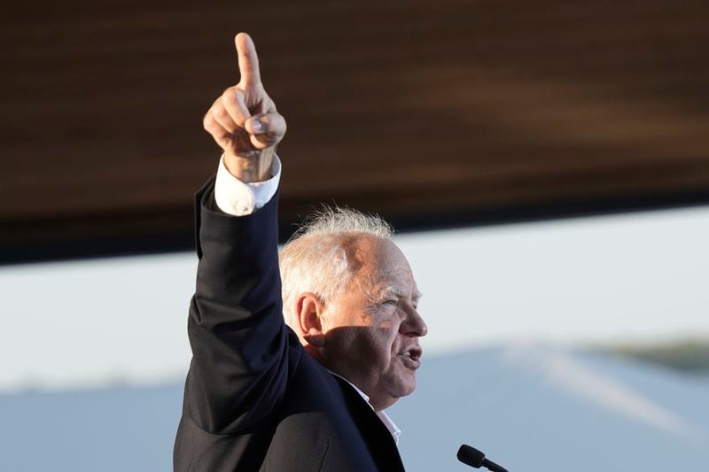 Democratic vice presidential nominee Minnesota Gov. Tim Walz speaks at a rally along the waterfront, Thursday, Sept. 5, 2024, in Erie, Pa. (Glen Stubbe/Star Tribune via AP)