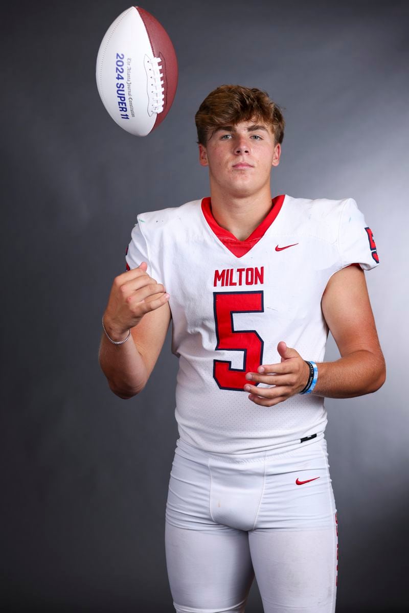 2024 AJC Super 11 Milton quarterback Luke Nickel poses with an Atlanta Journal-Constitution Super 11 football at Milton high school, Wednesday, July 31, 2024, in Milton, Ga. (Jason Getz / AJC)
