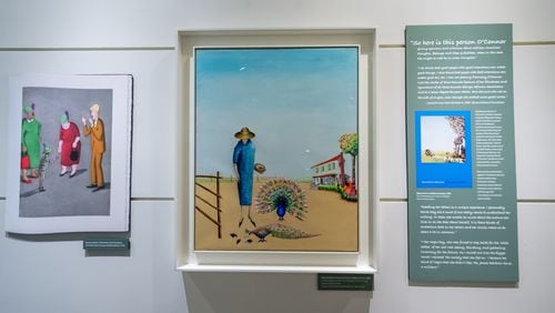 A reproduction of an illustration by Benny Andrews, left, is featured in O’Connor’s “Everything That Rises Must Converge.” In the "At the Crossroads with Benny Andrews, Flannery O’Connor and Alice Walker" exhibit, it hangs next to an original work by Andrews, “Flannery O’Connor (Migrant Series)” (2004). Benny Andrews Estate, courtesy of Michael Rosenfeld Gallery LLC, New York.
