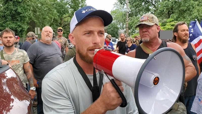 A federal judge on Aug. 12, 2022 sentenced Glen Mitchell Simon of Jackson County to eight months in federal prison for his role in the Jan. 6, 2021, U.S. Capitol riot. Simon is seen here during a chaotic day in August 2020 when far-right militia demonstrators squared off against leftist counter-demonstrators at Stone Mountain. (Source: Twitter)