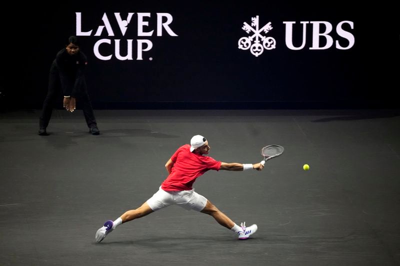 Team World's Francisco Cerundolo returns during his singles tennis match against team Europe's Casper Ruud on the first day of the Laver Cup tennis tournament at the Uber arena in Berlin, Germany, Friday, Sept. 20, 2024. (AP Photo/Ebrahim Noroozi)