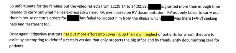 A Monroe police officer filed a supplementary report regarding an incident at The Ridgeview Institute in Monroe in 2018, and concluded that the facility was "covering up their own neglect of patients." The facility repeatedly blocked police from entering to investigate complaints, the AJC found.