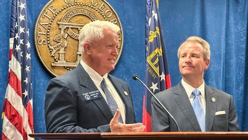 Georgia State Sen. Randy Robertson, R-Cataula, speaks as State Sen. John Albers, R-Roswell, looks on during a news conference about Fulton County Jail on Friday, Aug. 23, 2024, at the Georgia Capitol in Atlanta. (AP Photo/Jeff Amy)