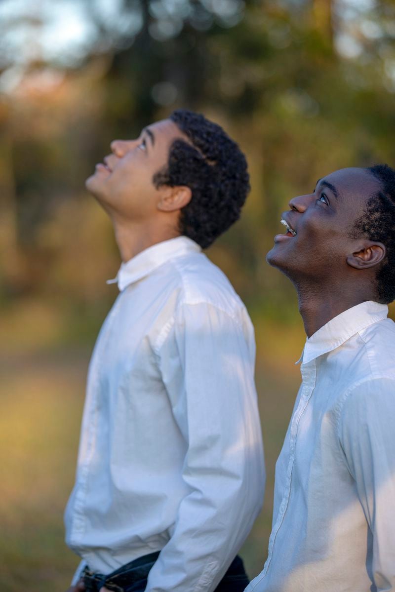 This image released by Amazon shows Brandon Wilson, left, and Ethan Herisse in a scene from "Nickel Boys." (L. Kasimu Harris/Amazon via AP)