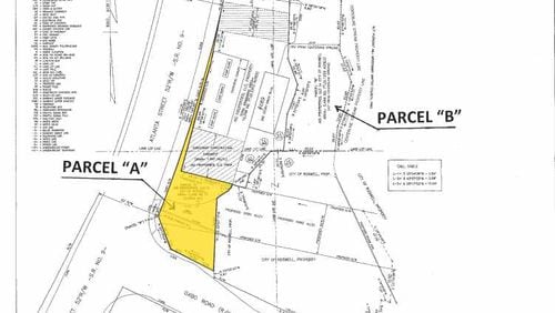 Roswell will pay $380,000 for 0.2 acres of land on Atlanta Street as part of its Oxbo Road realignment project. The shaded yellow area shows the plot of land the city is buying.
