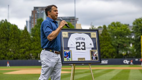 Georgia Tech baseball great Mark Teixeira speaks during a ceremony in which Tech retired his jersey No. 23. The ceremony took place before the Yellow Jackets played Virginia on Saturday, May 20, 2023 at Russ Chandler Stadium. (Photo by Eldon Lindsay/Georgia Tech Athletics)