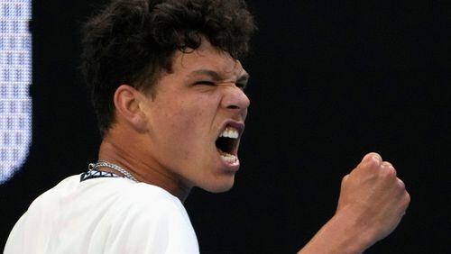 Atlanta native Ben Shelton reacts during his fourth-round match against J.J. Wolf on Monday at the Australian Open. (AP Photo/Ng Han Guan)