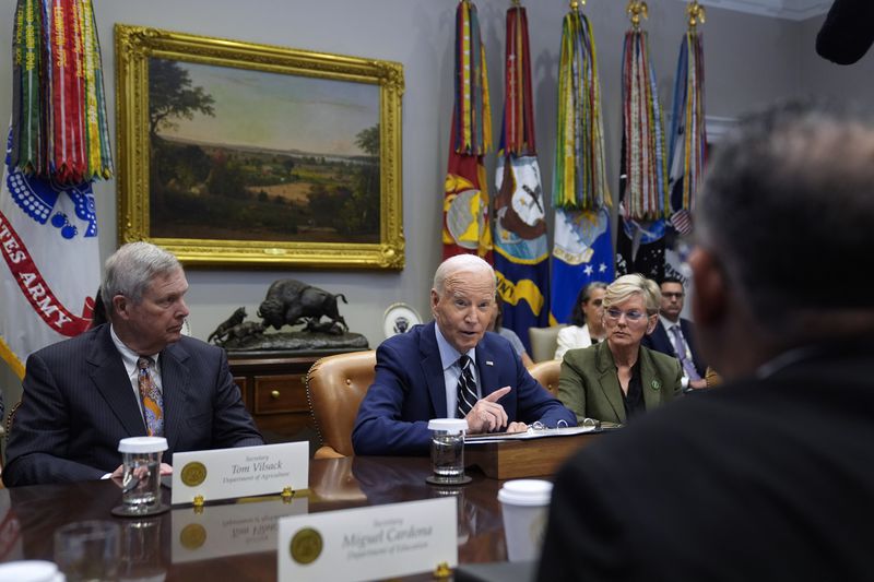 President Joe Biden delivers remarks on the federal government's response to Hurricane Helene and preparations for Hurricane Milton in the Roosevelt Room of the White House, Tuesday, Oct. 8, 2024, in Washington. (AP Photo/Evan Vucci)