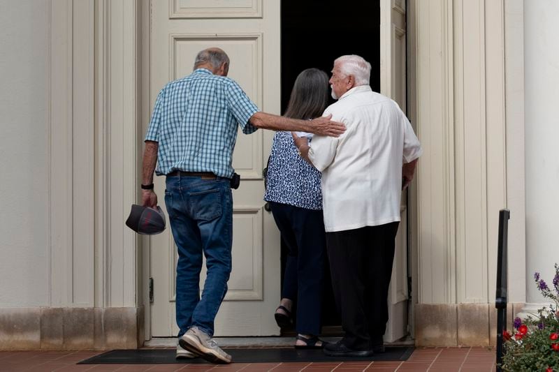 People enter the sanctuary at Winder First United Methodist Church in Winder on Sunday, Sept. 8, 2024, the first Sunday following the shootings at Apalachee High School. Ben Gray for the Atlanta Journal-Constitution