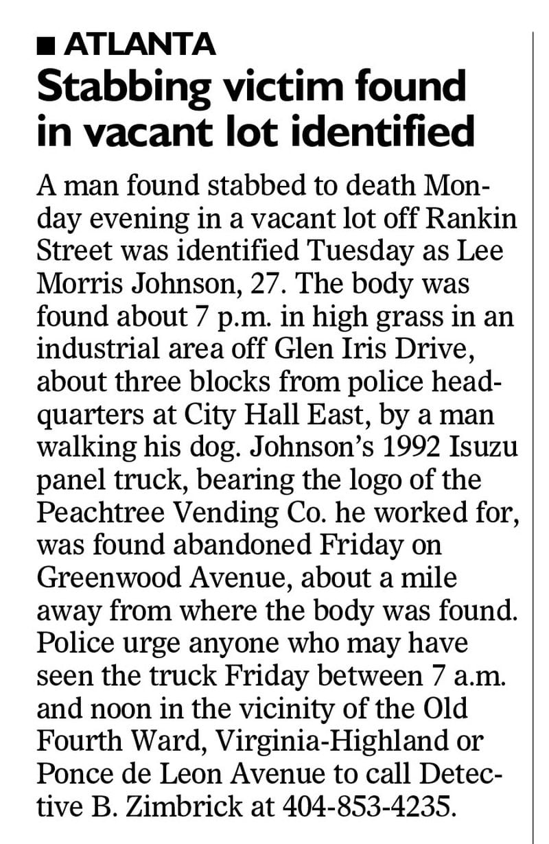 The AJC reported on the death of Lee Morris Johnson on April 25, 2001. Johnson's death remained a cold case for 16 years before an arrest was made.