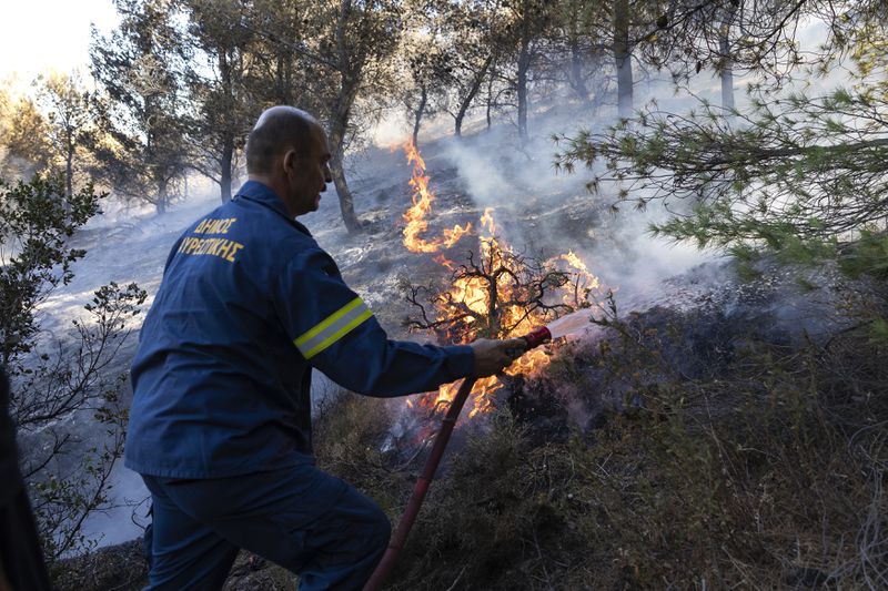 A firefighter tries to extinguish a forest fire at Keratea area, southeast of Athens, Greece, Sunday, June 30, 2024. Two large wildfires were burning Sunday near Greece's capital of Athens, and authorities sent emergency messages for some residents to evacuate and others to stay at home and close their windows to protect themselves from smoke. (AP Photo/Yorgos Karahalis)