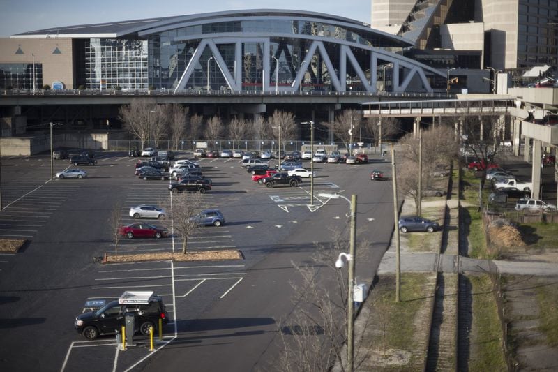 The Atlanta Hawks and development partners are looking to redevelop the area surrounding Philips Arena into a mixed-use entertainment district. The Gulch, shown here Monday afternoon March 7, 2016, is one area that could be used for the project. AJC File Photo