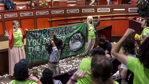 Opponents of the under-construction law enforcement training center known to some as Cop City disrupt the City Council meeting at City Hall in Atlanta, Monday, Sept. 16, 2024. (Arvin Temkar/Atlanta Journal-Constitution via AP)