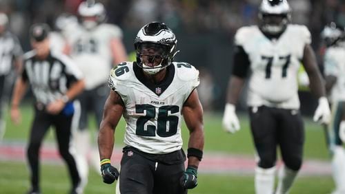 Philadelphia Eagles running back Saquon Barkley (26) reacts during the second half of an NFL football game against the Green Bay Packers, Friday, Sept. 6, 2024, at the Neo Quimica Arena in Sao Paulo. (AP Photo/Fernando Llano)