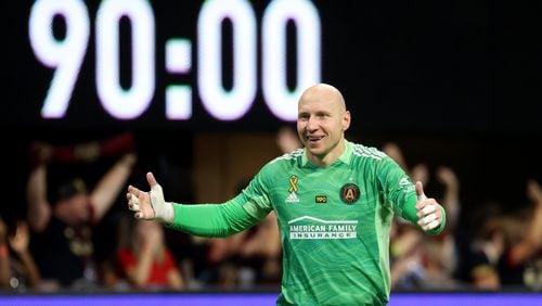 Sept. 18, 2021 - Atlanta, Ga: Atlanta United goalkeeper Brad Guzan reacts after their 3-2 win against D.C. United at Mercedes Benz Stadium Saturday, September 18, 2021 in Atlanta, Ga.. JASON GETZ FOR THE ATLANTA JOURNAL-CONSTITUTION



