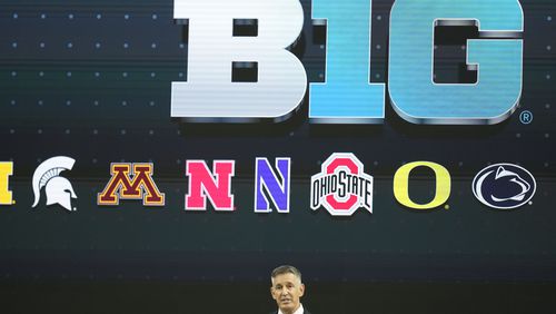 Big Ten Commissioner Tony Petitti speaks during an NCAA college football news conference at the Big Ten Conference media days at Lucas Oil Stadium, Tuesday, July 23, 2024, in Indianapolis. (AP Photo/Darron Cummings)