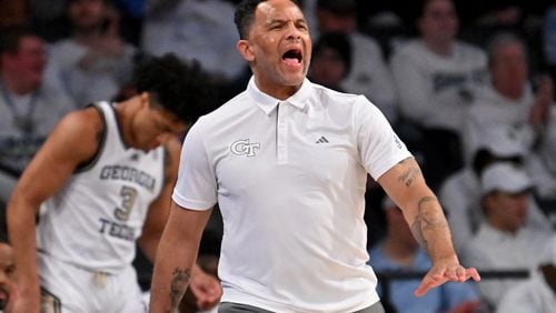 Georgia Tech head coach Damon Stoudamire shouts instructions during the first half of an NCAA college basketball game at Georgia Tech’s McCamish Pavilion, Tuesday, January 30, 2024, in Atlanta. (Hyosub Shin / Hyosub.Shin@ajc.com)