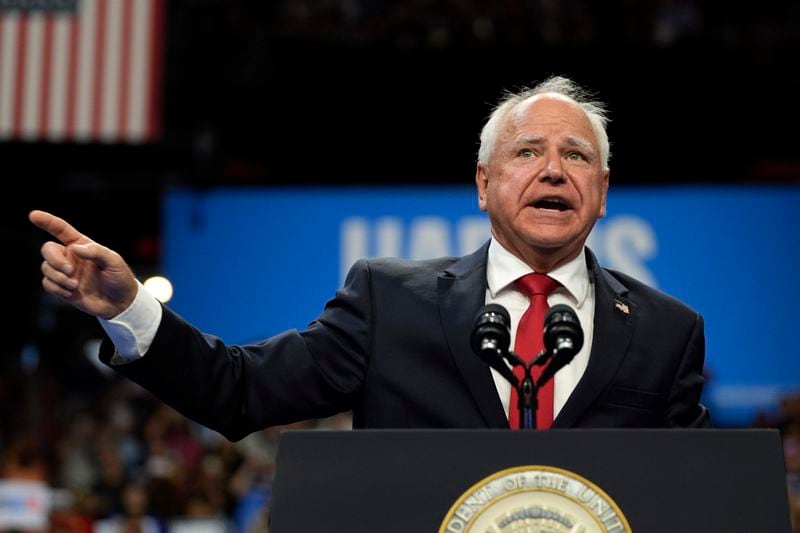 FILE - Democratic vice presidential nominee Minnesota Gov. Tim Walz speaks at a campaign rally, Saturday, Aug. 10, 2024, in Las Vegas. (AP Photo/Julia Nikhinson, File)