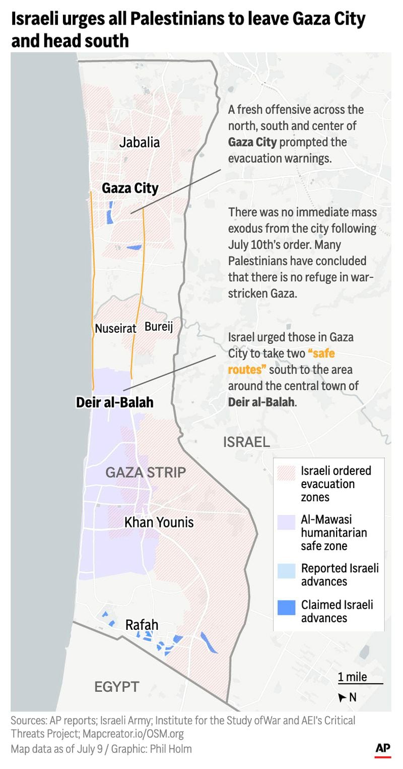 The map above highlights the latest evacuation zones and routes in the Gaza Strip along with Israeli advances. (AP Digital Embed)