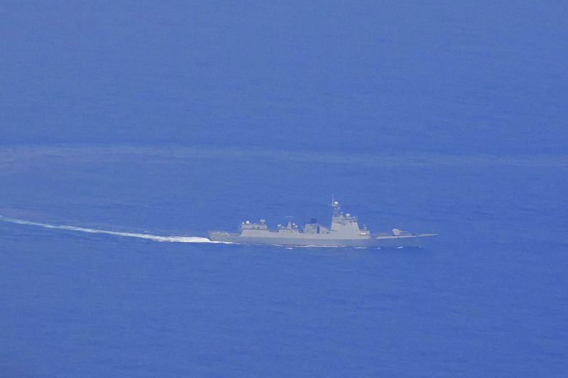 In this photo released by the Taiwan Ministry of National Defense, a Chinese guided missile destroyer is seen near Taiwan on Thursday, May 23, 2024. Taiwan tracked dozens of Chinese warplanes and navy vessels off its coast Friday on the second day of a large exercise China's People's Liberation Army held in response to the inauguration of the island's new leadership. (Taiwan Ministry of National Defense via AP)