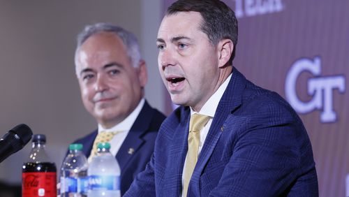 The new Georgia Tech Athletic Director, J Batt, answers questions from the media during his introduction on Monday, October 17, 2022. Miguel Martinez / miguel.martinezjimenez@ajc.com