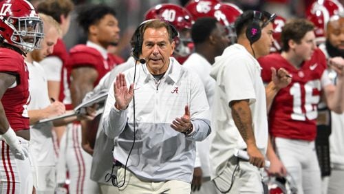 Alabama Crimson Tide head coach Nick Saban reacts against the Georgia Bulldogs during the second half of the SEC Championship football game at the Mercedes-Benz Stadium in Atlanta, on Saturday, December 2, 2023. (Hyosub Shin / Hyosub.Shin@ajc.com)