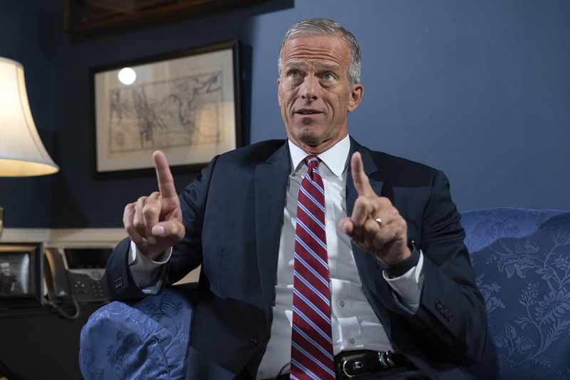 Senate Minority Whip John Thune, R-S.D., speaks during an interview with The Associated Press at the Capitol in Washington, Wednesday, Sept. 11, 2024. (AP Photo/Jose Luis Magana)