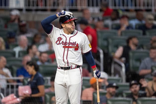 Atlanta Braves outfielder Ramón Laureano (18) reacts while at bat during the Braves versus Colorado Rockies game at Truist Park in Atlanta on Thursday, September 5, 2024. (Arvin Temkar / AJC)