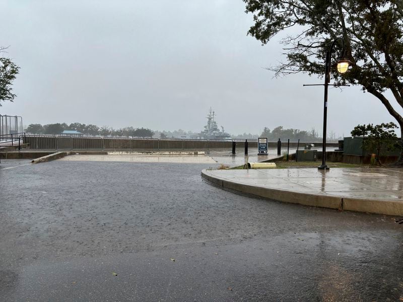 Flooding on Water Street near Princess in downtown Wilmington, N.C., Monday morning, Sept. 16, 2024. (John Staton/The Star-News via AP)