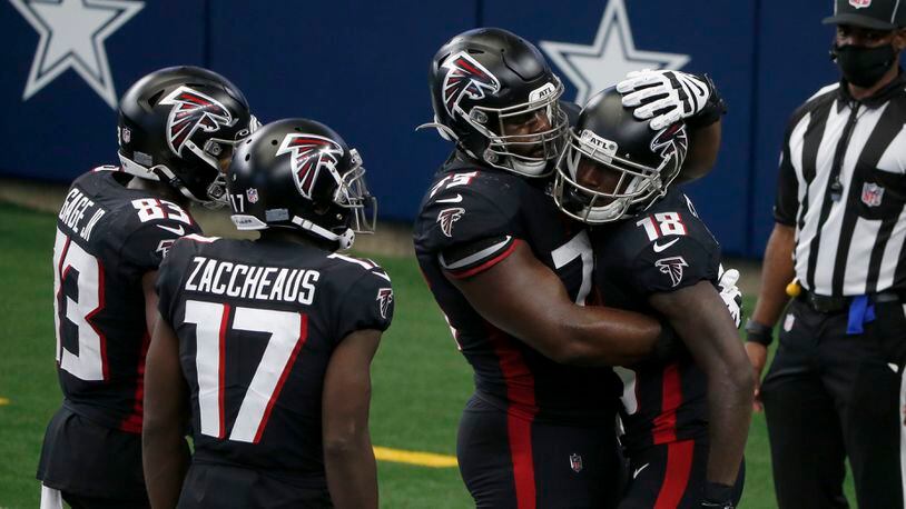 Olamide Zaccheaus of the Atlanta Falcons catches a pass while