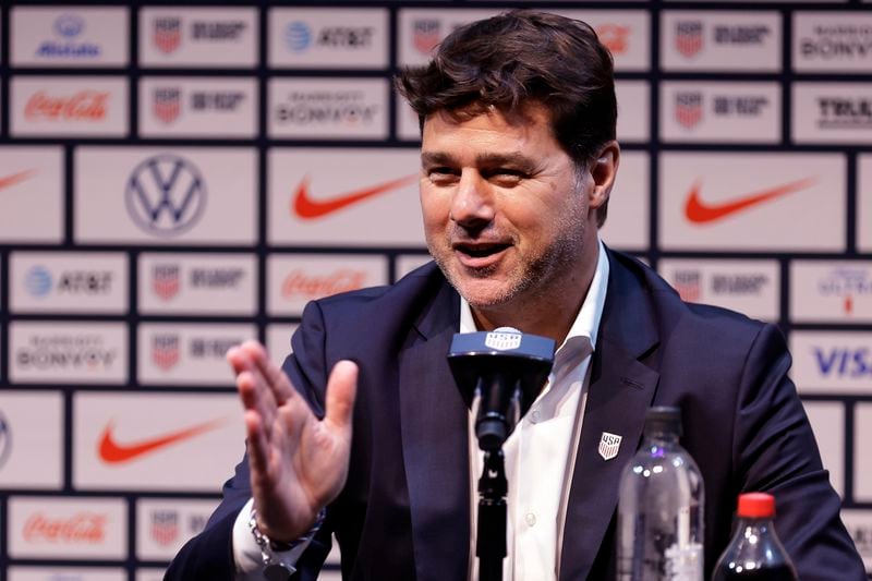 Mauricio Pochettino, the newly appointed head coach of the United States men's national soccer team, speaks at a press conference Friday, Sept. 13, 2024, in New York. (AP Photo/Adam Hunger)