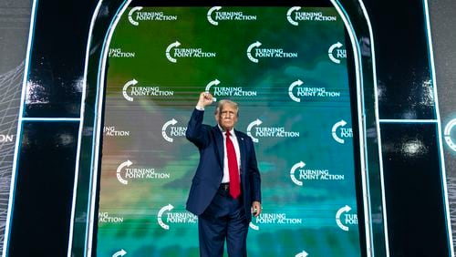 
                        Former President Donald Trump, the Republican presidential nominee, speaks at the Turning Point Believers' Summit, in West Palm Beach, Fla., on Friday, July 26, 2024. Trump told supporters here that if they voted him into office in November, they would never need to vote again. “Christians, get out and vote. Just this time,” he said. “You won’t have to do it anymore, you know what? Four more years, it’ll be fixed, it’ll be fine, you won’t have to vote anymore, my beautiful Christians.” (Doug Mills/The New York Times)
                      