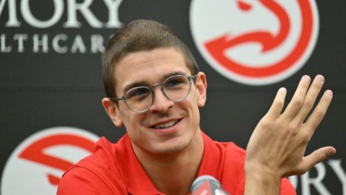 Nikola Djurisic speaks to members of the press during a press conference at Emory Sports Medicine Complex, Friday, June 28, 2024, in Brookhaven. Atlanta Hawks General Manager Landry Fields introduced 2024 NBA Draft selections Zaccharie Risacher (first overall pick) and Nikola Djurisic (43th overall pick) during a press conference. (Hyosub Shin / Hyosub.Shin@ajc.com)